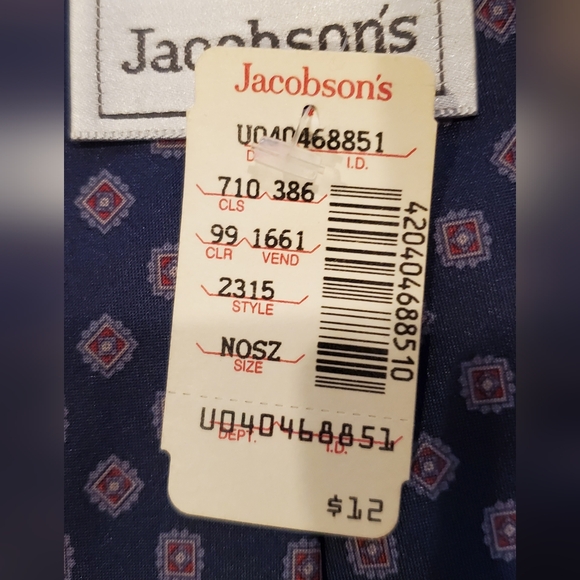 Men's Vintage Jacobson's Navy Burgundy Geometric Pattern Necktie Made in USA - Picture 5 of 5